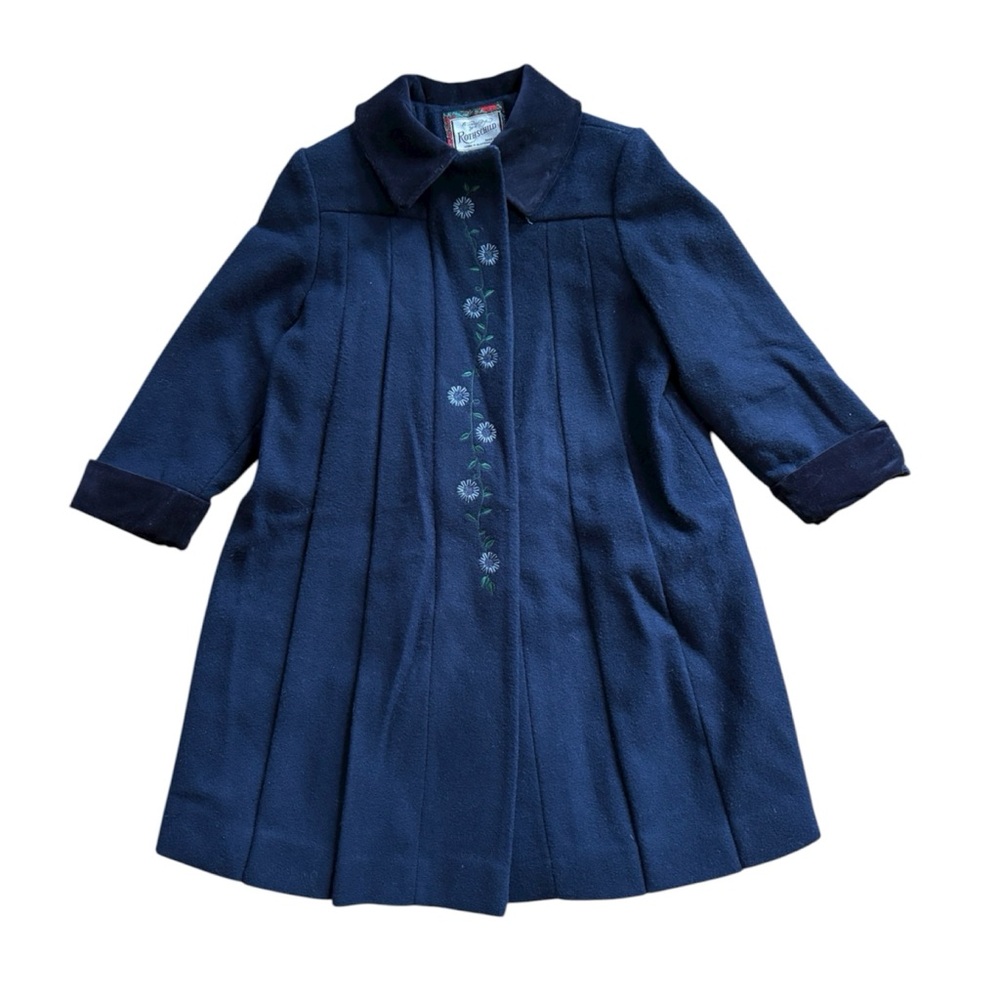 vintage Rothschild navy wool coat with embroidered flowers and a velvet collar